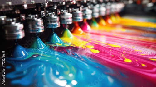 Industrial printing machine applying vibrant colors to material
