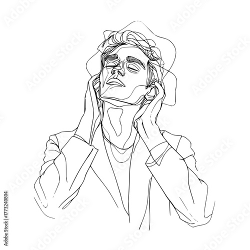 Line art of a man with closed eyes wearing a suit and hat with his hands near his ears in black and white