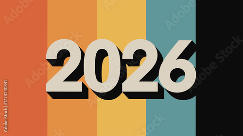 Retro style 2026 text with colorful stripes background