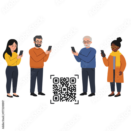 Customers utilize their smartphones to scan a large QR code, instantly receiving valuable digital discounts and promotional offers, depicted in a modern 2D flat vector illustration.