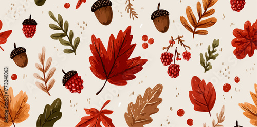 This delightful seamless pattern captures the essence of autumn with its artistic arrangement of colorful leaves, acorns, and berries.