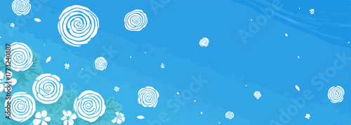 A serene blue background adorned with elegant white swirling floral patterns and delicate scattered petals, creating a tranquil and modern decorative design.