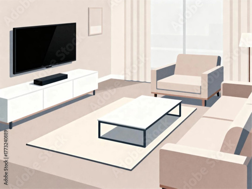 Sleek and inviting modern living room interior illustration with minimalist furniture design, perfect for contemporary home decor concepts