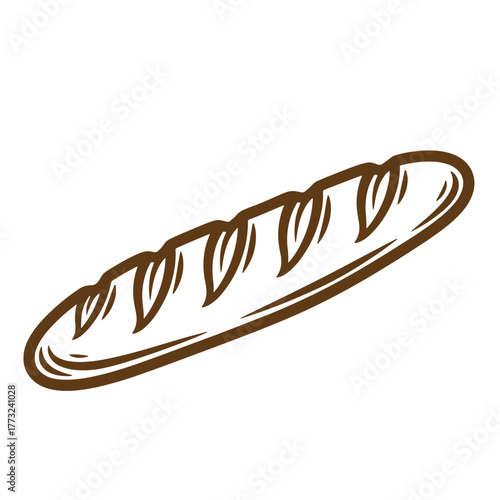 Brown illustration of a freshly baked french baguette bread on white background