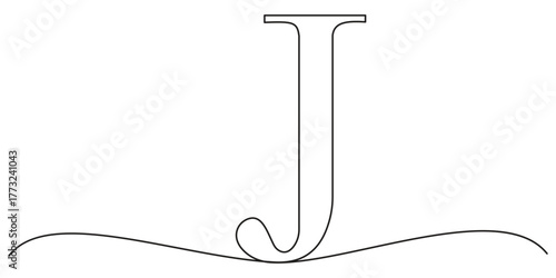 Continuous one line. Letter of the alphabet. Latin alphabet. Capital letter. Letter J .One continuous line on a transparent background.