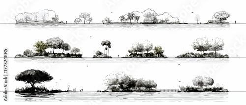 An elegant black and white vector sketch depicting various tree-dotted islands gracefully reflected in still water, suitable for minimalist nature designs.