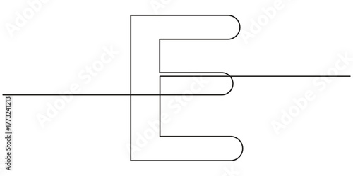 Continuous one line drawing of capital letter E art. Educational handwriting illustration for children to learn letter formation and writing direction. Minimalist black line art on a white background.