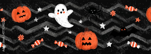 A whimsical Halloween seamless pattern design showcasing adorable ghosts, carved pumpkins, spiders, and candies on a textured dark background.