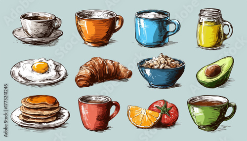 This colorful vector illustration showcases a delightful assortment of hand-drawn breakfast foods and hot beverages, ideal for morning menus.