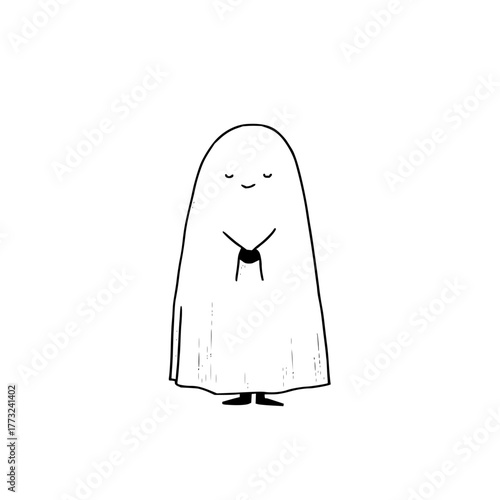 A simple drawing of a cute ghost with a necklace and a happy expression on a white background space