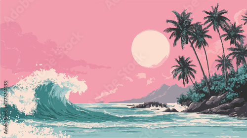 A captivating pixel art vector illustration depicts a serene tropical beach with crashing waves, palm trees, and a beautiful pink sky, evoking nostalgic summer.