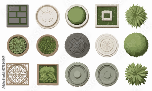 Comprehensive top-down vector collection showcasing various plants and decorative planters, essential for architectural drawings and urban landscape design.