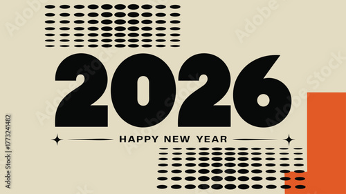 Happy new year 2026 text with abstract graphic elements