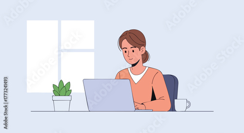 Woman working on laptop with transparent background