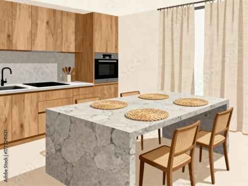 Modern kitchen interior design with wooden cabinets, marble island, and dining area