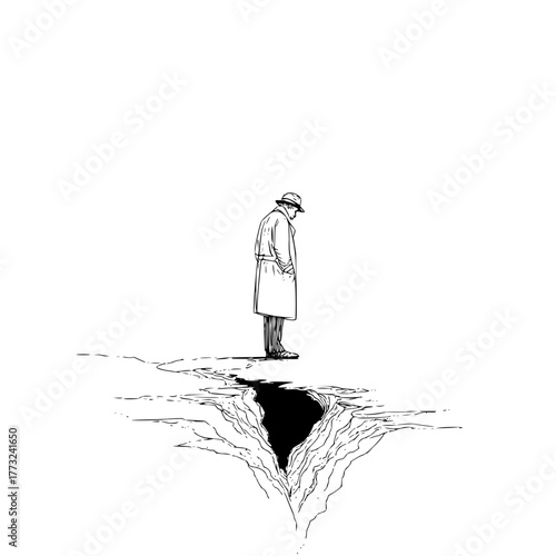 A man in a trench coat and hat stands at the edge of a large crack in the ground looking down into it