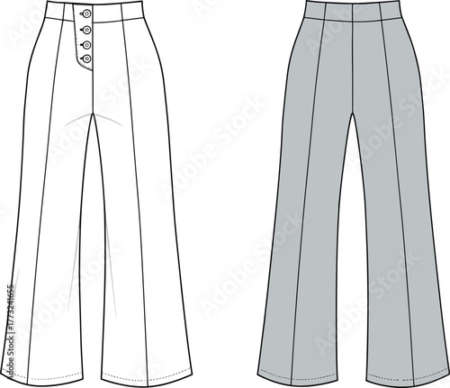 High waist women pants fashion sketch, wide leg trousers technical drawing, garment flat fashion illustration, vector apparel design, sewing pattern template