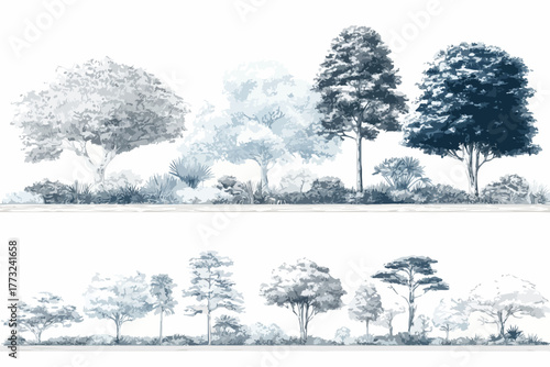 A diverse collection of elegant hand-drawn vector trees and lush foliage elements suitable for various nature-inspired design projects.