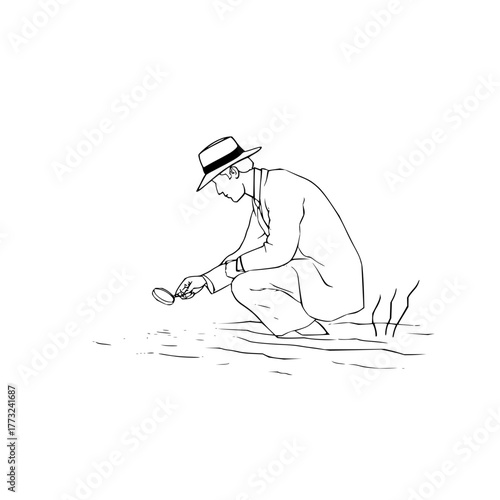 Man in suit and hat crouching examining something with a magnifying glass near water illustration