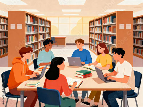Collaborative Study Session in a Vibrant University Library, Fostering Knowledge and Academic Achievement Among Diverse Learners
