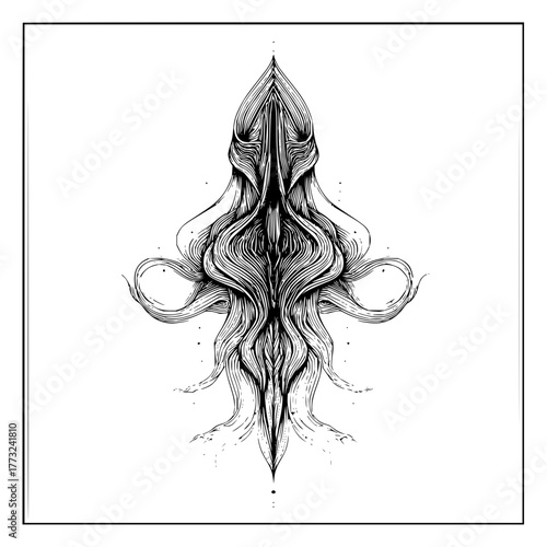 Abstract symmetrical ink drawing of a creature with flowing lines and tentacle like appendages design