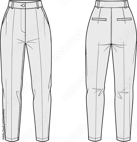 High waist women trousers, front and back view, CAD fashion sketch, technical flat vector, apparel design template for clothing  waist women trousers