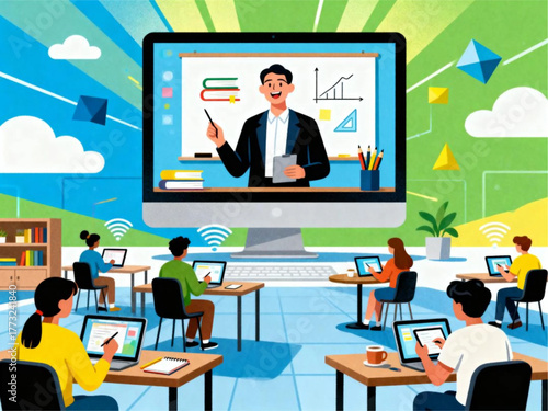 Digital classroom illustration showing students using laptops for online education with a remote teacher on screen