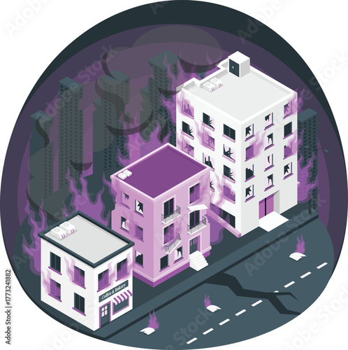 Isometric city buildings burning with purple flames and smoke fire