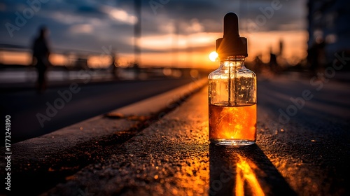 Fototapeta Naklejka Na Ścianę i Meble -  Small glass dropper bottle filled with amber liquid rests on a dark textured surface against a dramatic sunset backdrop