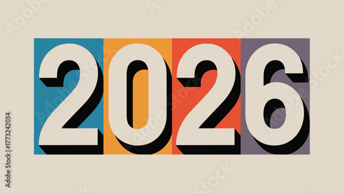 The year 2026 displayed in bold numbers with colorful background blocks