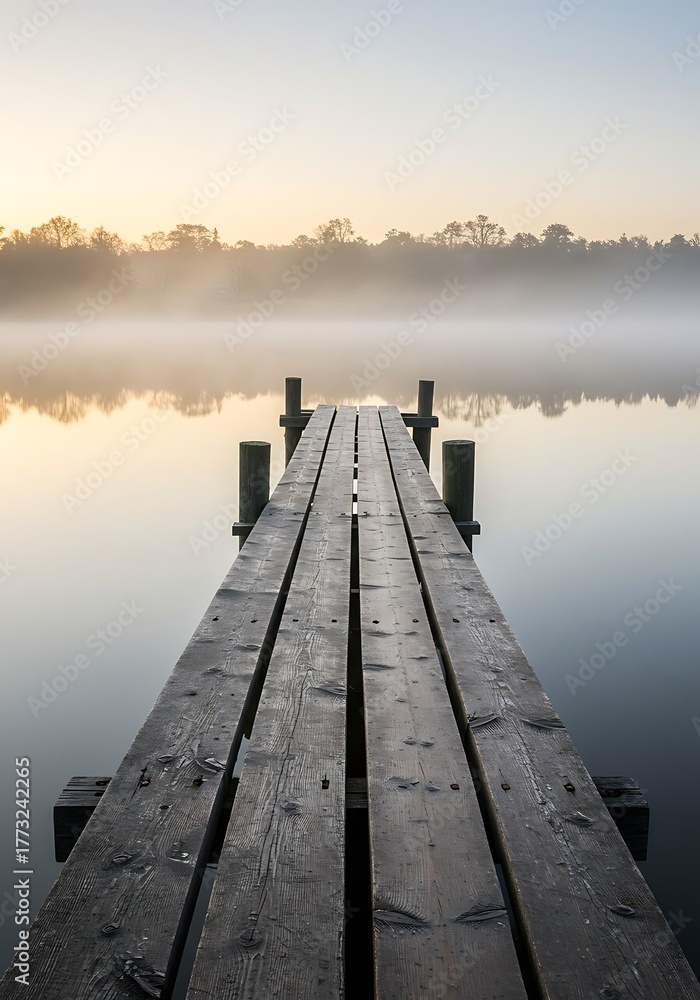 Obraz premium Wooden Pier Extending into a Misty Lake at Sunrise.