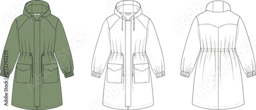 Hooded parka jacket fashion flat sketch, vector technical drawing, utility pockets outerwear, drawstring waist coat, CAD garment design illustrationHooded parka jacket fashion flat sketch