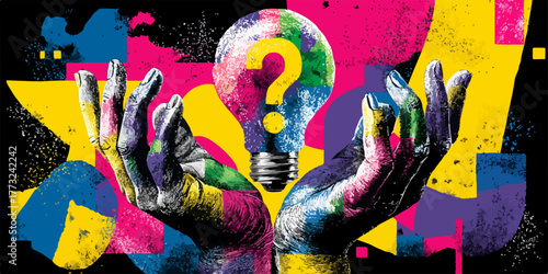 This vibrant vector illustration depicts hands supporting a colorful lightbulb with a question mark, symbolizing creative thinking and innovative solutions.