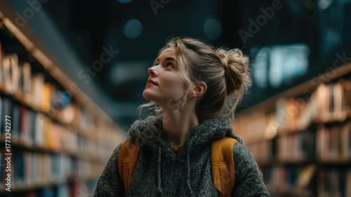 Wallpaper Mural Young woman in cozy hoodie with backpack exploring library filled with books in warm light, showcasing passion for reading and learning Torontodigital.ca
