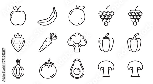 Assortment of fresh fruit and vegetables line art illustration