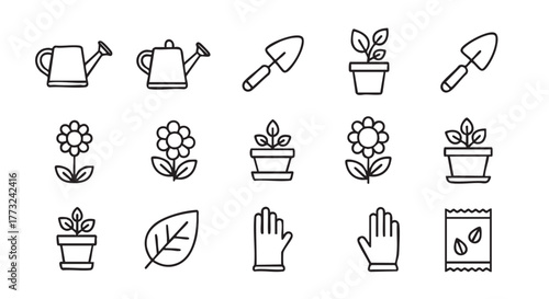 Black and white line art featuring gardening elements and floral designs