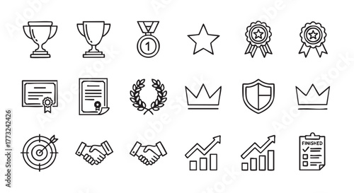 Black and white line art icons representing success and achievement