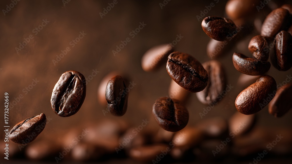Fototapeta premium Roasted coffee beans are captured midair against a rich brown background.