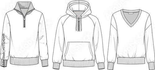 Hoodie and sweatshirt vector template, pullover fashion design, technical flat sketch, casual wear CAD illustration, apparel mockup front view layout
