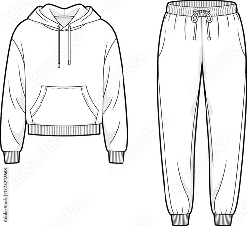 Hoodie and sweatpants fashion template, loungewear garment design, flat sketch CAD vector illustration, casual clothing technical drawing, front back view apparel set