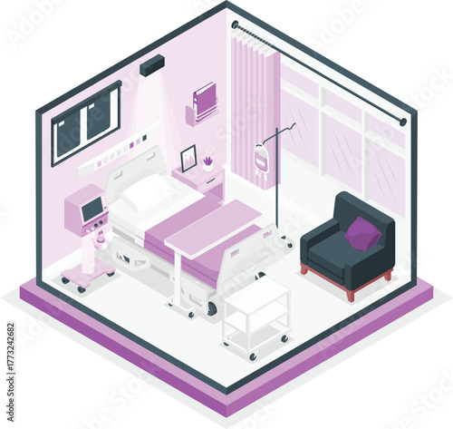 Isometric hospital room with medical equipment and patient bed vector illustration