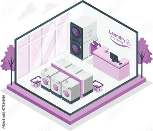 Isometric laundry and dry cleaning business interior vector illustration