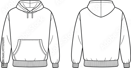 Hoodie fashion template, sweatshirt garment design, flat sketch CAD vector illustration, casual clothing technical drawing, kangaroo pocket hoodie apparel, front back view