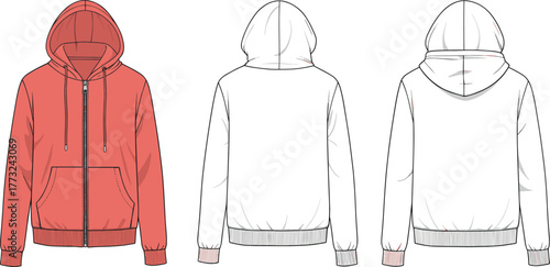 Hoodie sweatshirt flat sketch, zip up hooded jacket vector, casual fashion design template, unisex apparel CAD illustration, clothing mockup drawing