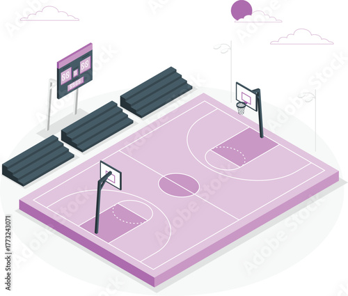 Isometric purple basketball court with scoreboard and bleachers court lines hoop