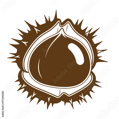 Detailed vector illustration of a brown chestnut with a spiky outer shell in vintage art style