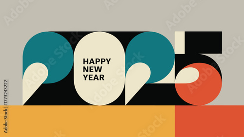 Happy new year 2025 graphic with abstract shapes and bold colors