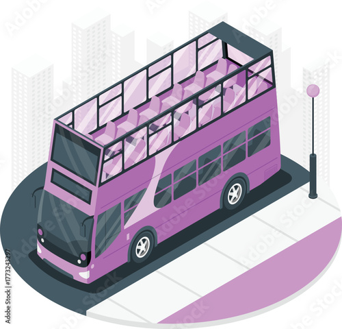 Isometric purple double decker bus with open top and city buildings transportation public transport