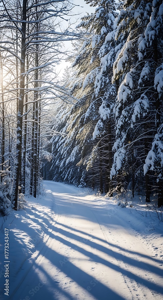Fototapeta premium Sunlight streams through snow covered trees onto a winter forest path