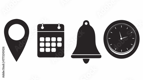 Elegant navigation icons featuring location pin, calendar, notification bell, and analog clock